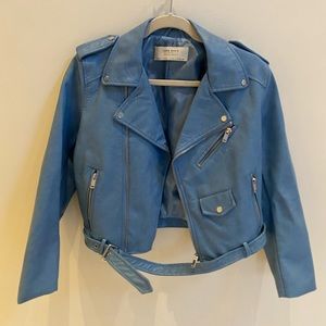 NWOT | ZARA | Faux Leather Motorcycle Jacket | Light Blue | Size L